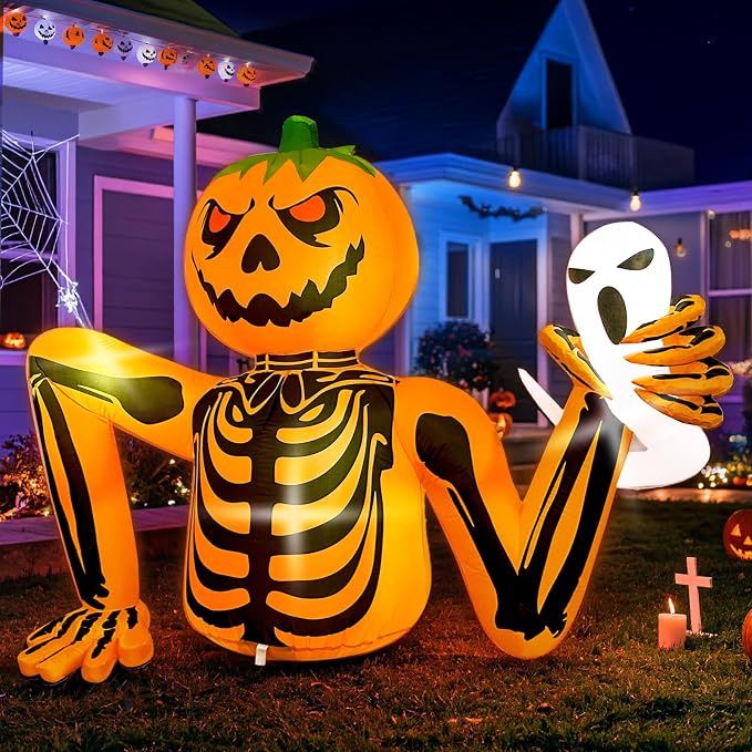 5FT LED Lighted Halloween Inflatables Pumpkin Skeleton for Roof Yard Garden - skull inflatable