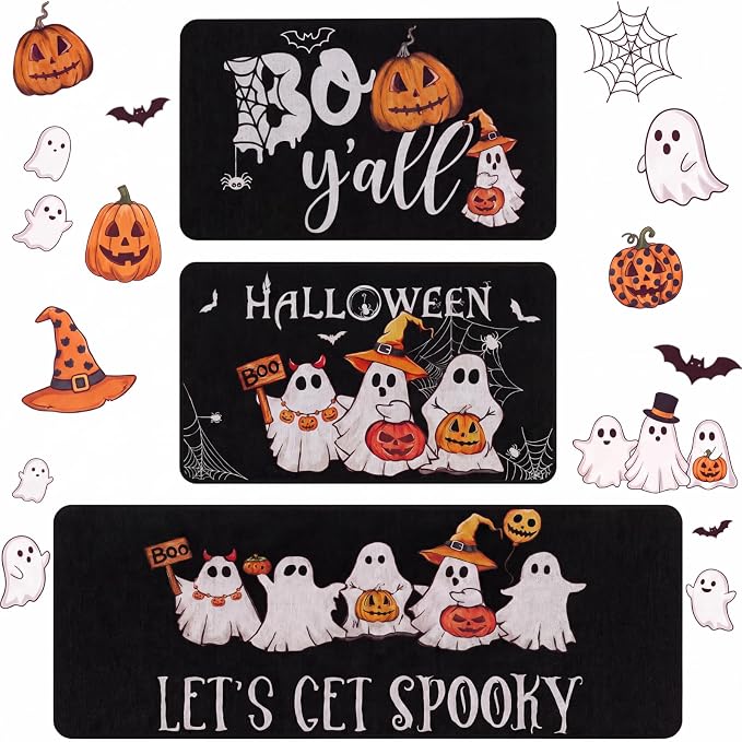 3 Pcs Halloween Ghost Pumpkin Kitchen Mats Rugs Set