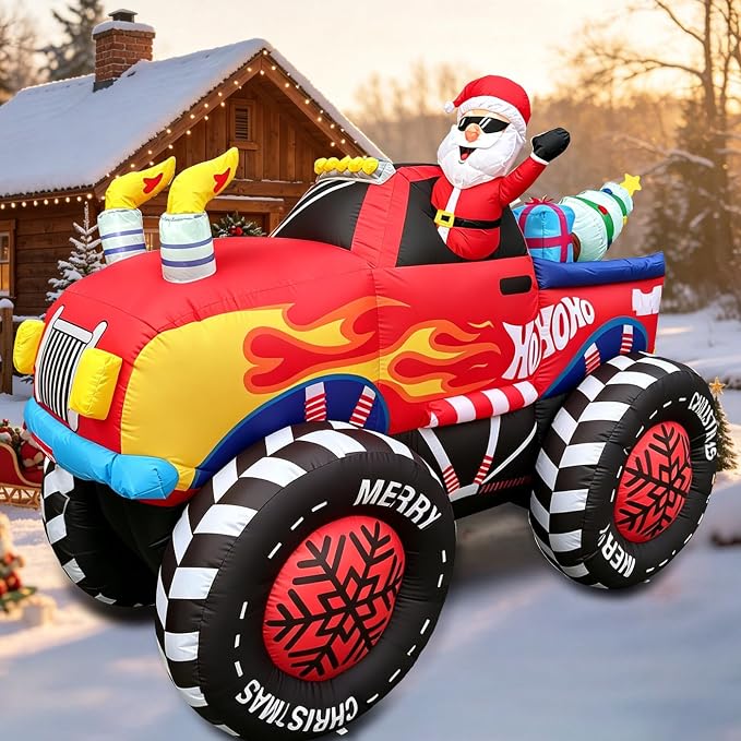 8.2FT Santa Claus Truck Christmas Inflatable Decoration, Santa Claus Wearing Sunglasses Waves from the Truck Carrying Gift Boxes & a Christmas Tree for Patio Lawn Garden Xmas Parties Decorations - skull inflatable