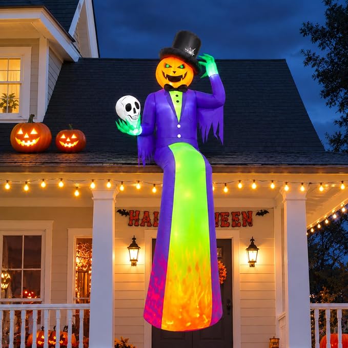 10FT Sitting Halloween Inflatable Pumpkin with Flame Light for Roof Decor - skull inflatable