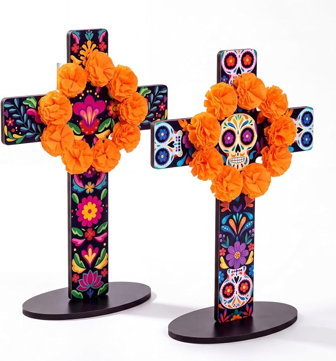 Pinkunn 2 Pcs Day of The Dead Table Decor Marigold Sugar Skull Wooden Cross - skull wall art