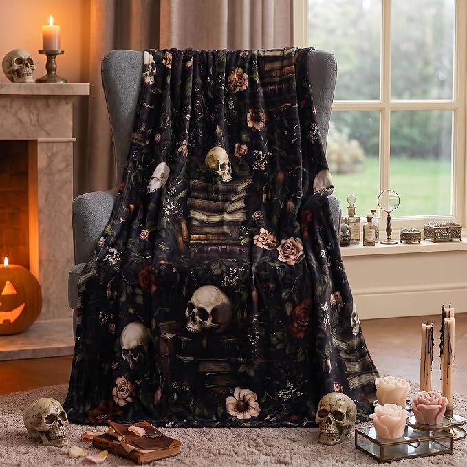 Halloween Skull Book Throw Blanket Goth Dark Floral Soft Flannel Cozy Blanket Gifts for Book Lovers, Readers, Bookish, Librarians, Bookworms,Dark Aesthetic Decor for Couch, Bed, Reading Room 60″x50″