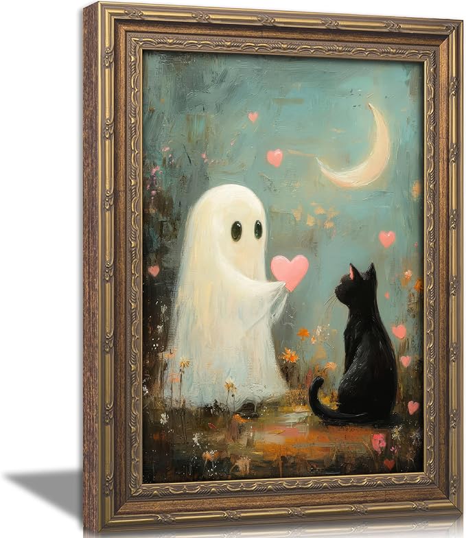 Vintage Gold Framed Ghost Wall Art, Funny Black Cat Halloween Canvas Print - skull wall art