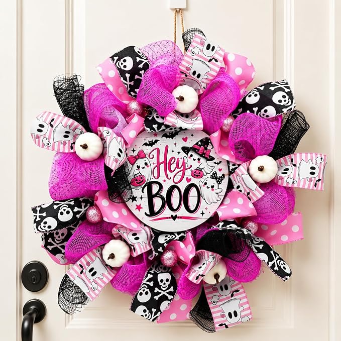 Pink Halloween Wreath for Front Door, Ghost Wreath with Pumpkins - skull wreath