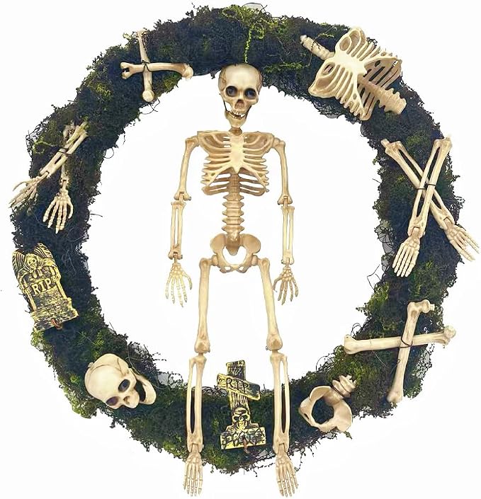 16" Halloween Door Wreath, Spooky Gothic Skeleton Wreath with Moss & Tombstones, Halloween Skull Wreath for Front Door Porch Decor - skull wreath