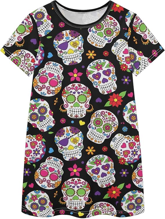Girl's Summer Dresses Short Sleeve Swing A-Line Cute Casual Sundress 2-8 Years - skull tshirt