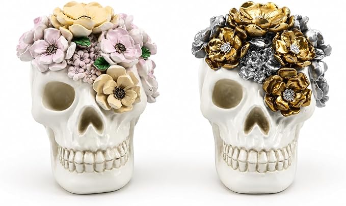 2 Gothic Halloween Decor Resin Pastel Flower Skull Figurines (Floral Skull) - skull painting