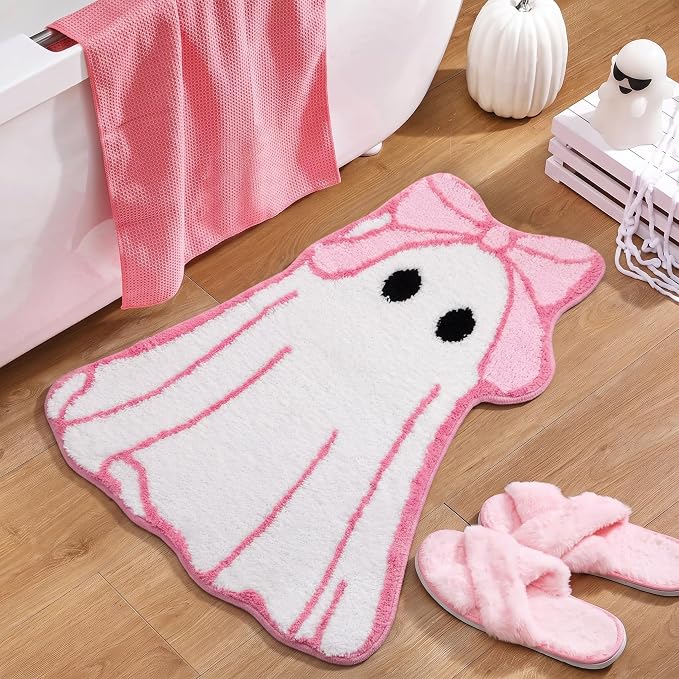 Pink Ghost Rugs Bow Halloween Bathroom Decor 26 x 32 Inch - skull toilet mat