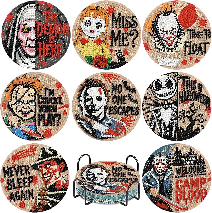 TCDZMYGS Halloween Horror 8 Pcs Diamond Art Painting Coasters Kit,4x4 Inch - skull coaster