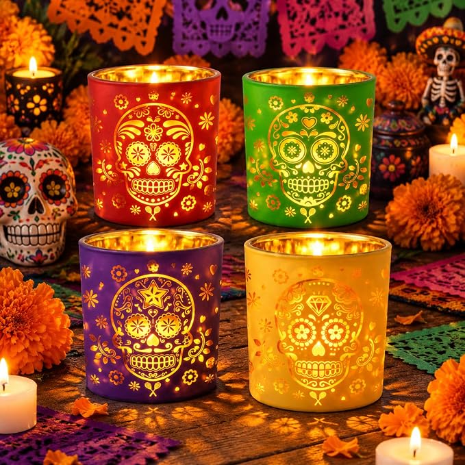 Qinyoung 4 Pcs Day of the Dead Dia De Los Muertos Candle Holder Decoration - skull candle