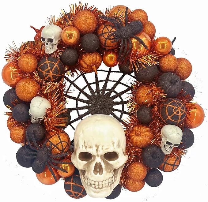 17" Halloween Door Wreath, Spooky Gothic Wreath with Skulls, Spiders & Glitter Ornaments, Orange Black Halloween Wreath for Front Door Porch Decor - skull wreath