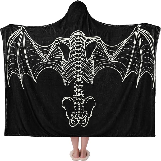 Buryeah 70″x47″ Halloween Gothic Hooded Blanket, Bat Skeleton Blanket