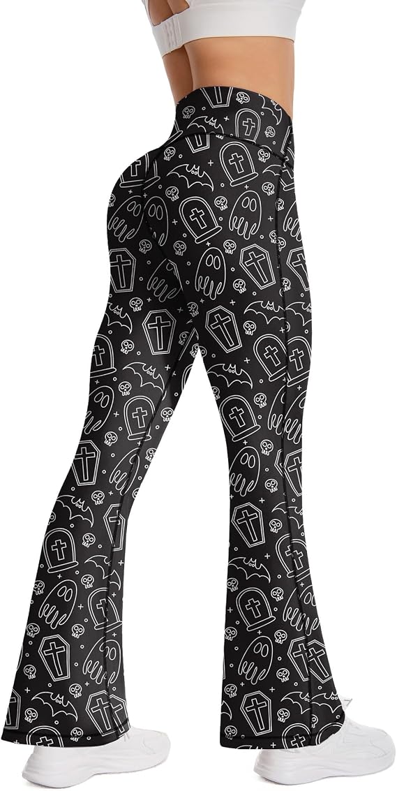 Women Halloween Flare Leggings High Waist Bell Bottom Pants - skull leggings