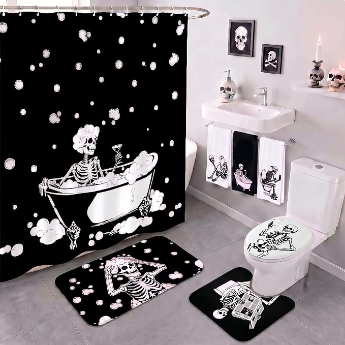 Tingjoo 7 Pcs Skull Shower Curtain Sets, Halloween Bathroom Decor - skull toilet mat