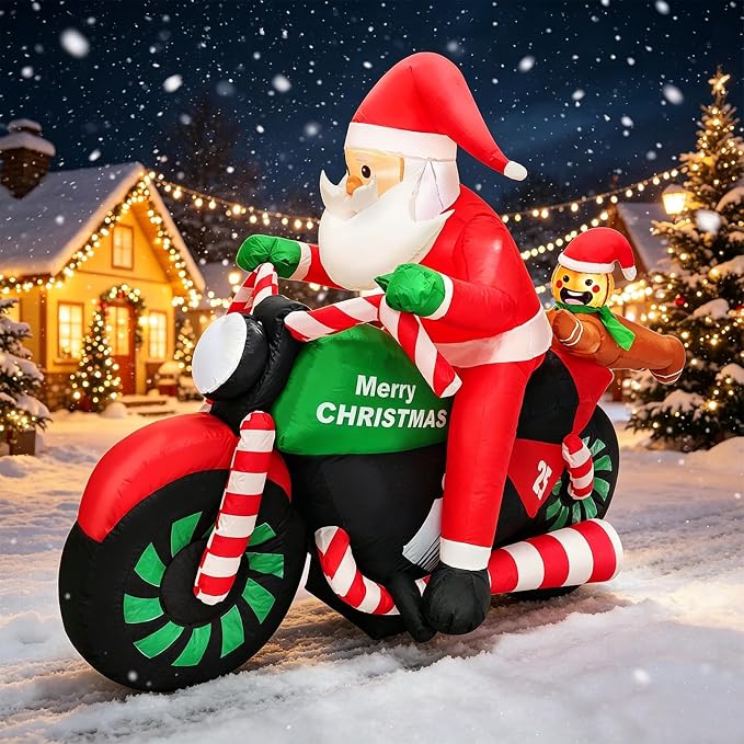 Christmas Inflatable Decoration 7FT Inflate Santa Riding Motorcycle with Gingerbread Man Lighted Blow Up Xmas Outdoor Decoration for Holiday, Party, Yard, Lawn, Garden, Winter Festive Display Fun - skull inflatable