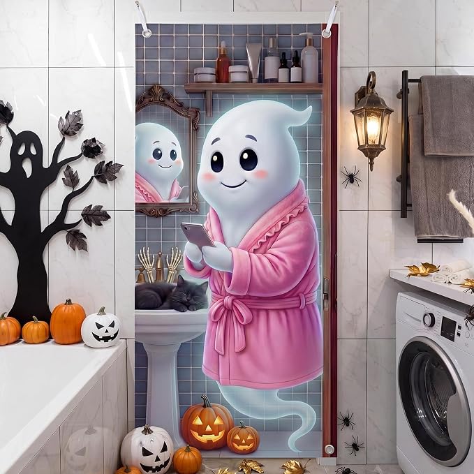 Fanfanwin Pink Halloween Door Cover Spooky Cute Ghost Backdrop 71x35in - skull toilet paper