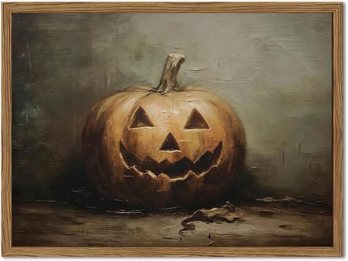 Vintage Halloween Pumpkin Wall Art, Dark Spooky Pumpkin Wall Decor Painting Rustic Fall Poster Canvas Prints Picture for Living Room Bedroom Farmhouse 16x24 inch Wood Framed - skull wall art