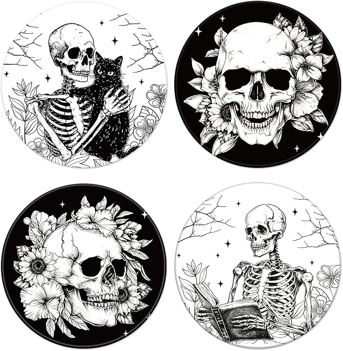 AnyDesign 4Pcs Halloween Coasters Black Floral Skull Skeleton Ceramic Drink Coaster with Cork Base Spooky Absorbent Non-Slip Round Cup Mat for Kitchen Farmhouse Table Protection Decor - skull coaster