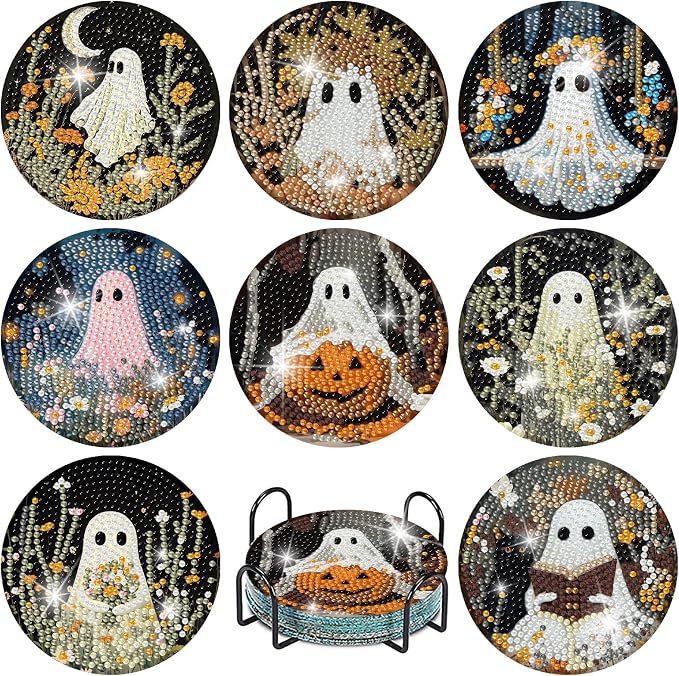 8 PCS Halloween Diamond Painting Coasters Kits, Ghost Diamond Art Coasters with Holder Cork Pads, Halloween Diamond Dots Art Painting Coasters Crafts Kit for Home Office Decor - skull coaster