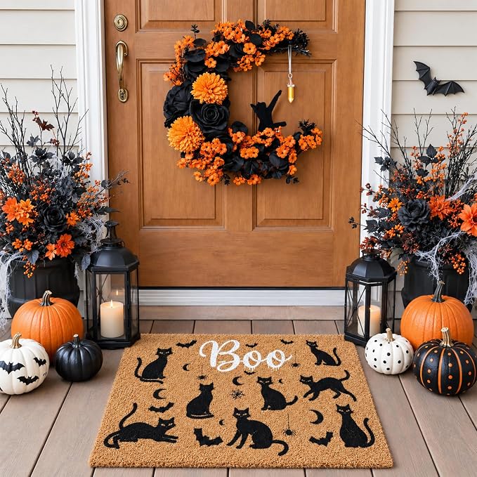 Thiccywoov 2 Pcs Halloween Black Cat Doormat and Wreath Sets for Front Door - skull wreath