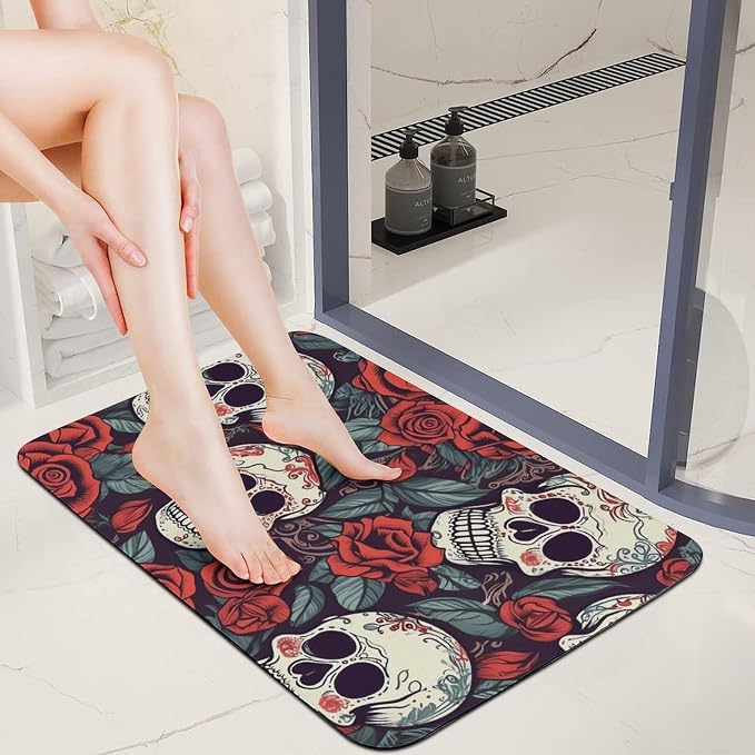 Diatom Mud Sugar Skulls and Roses Bath Mat 16x24 Absorbent Quick Dry Indoor Welcome Mat Non Slip Rubber Backing Carpet 0.15" Low Profile Entryway Door Mats for Bathroom Entryway Sink Laundry Room - skull toilet mat