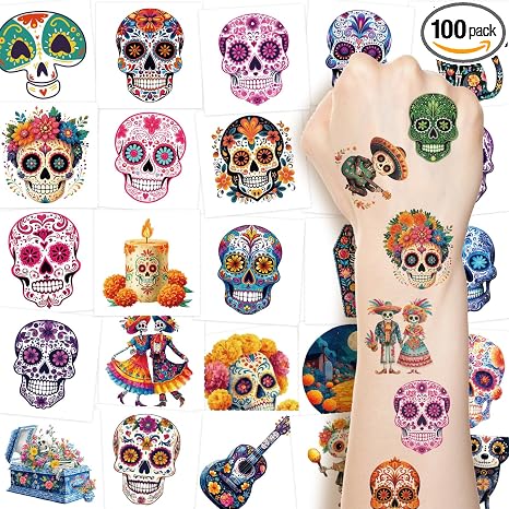 Ceiba Tree 100Pcs Day of Dead Temporary Tattoos Party Favors - skull sticker