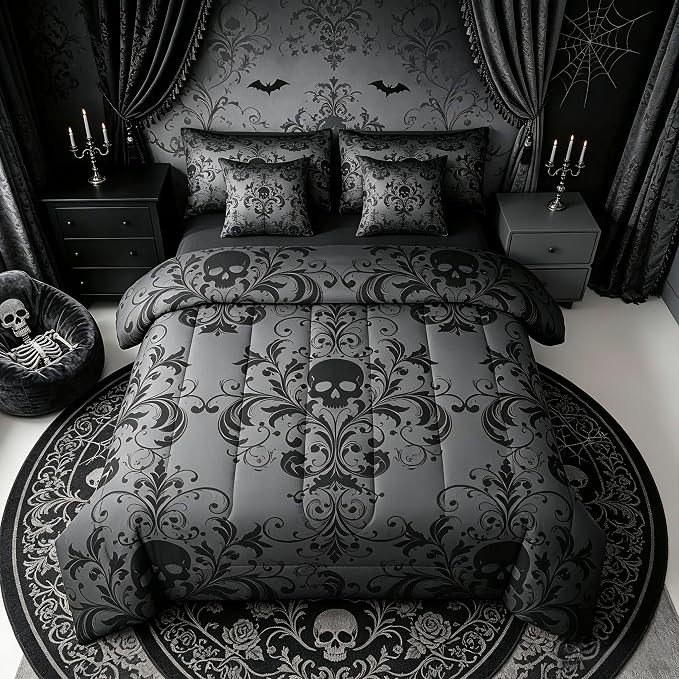 Feelyou Jacquard Comforter Set Queen Size Black Damask 7 Pcs Bedding - skull bedding