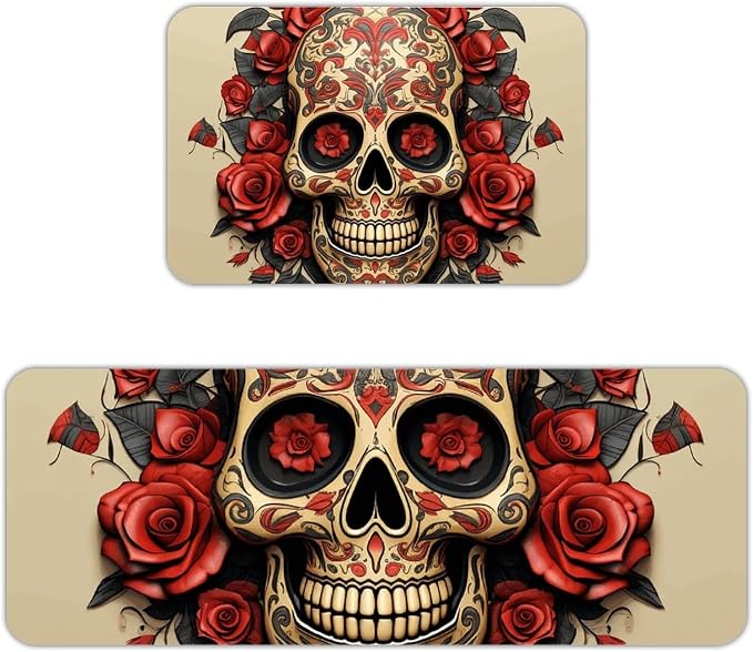 2-Piece Kitchen Mat Set - Soft Flannel Floor Rugs, 16"x24"+17"x47" Cushioned Anti-Fatigue Rug, Red Rose Sugar Skull Kitchen Runner Rug Absorbent Standing Mat for Bathroom Laundry Sink - skull toilet mat