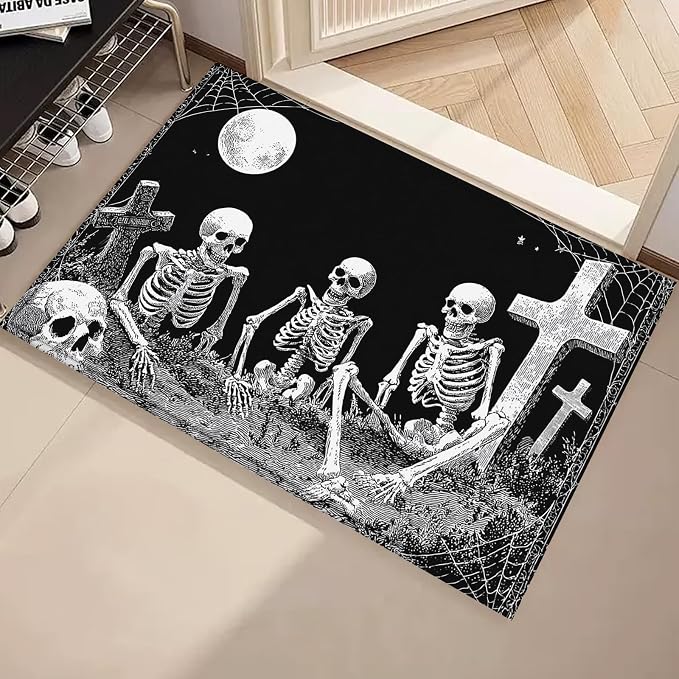 Cross Gothic Skeleton Door Mat，Halloween Entrance Doormat Home Floor Mat Rugs for Entryway Outdoor Indoor Kitchen Bathroom 17x29 inch - skull toilet mat
