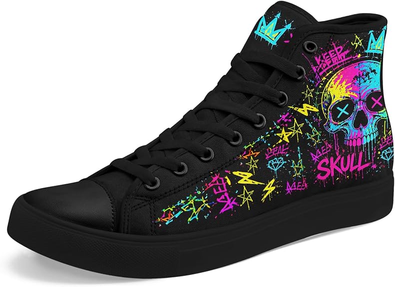 Neon Skull High Top Sneakers for Men Women, Gothic Cyberpunk Canvas Shoes Lace Up Punk Streetwear Casual Shoes - sugar skull boots