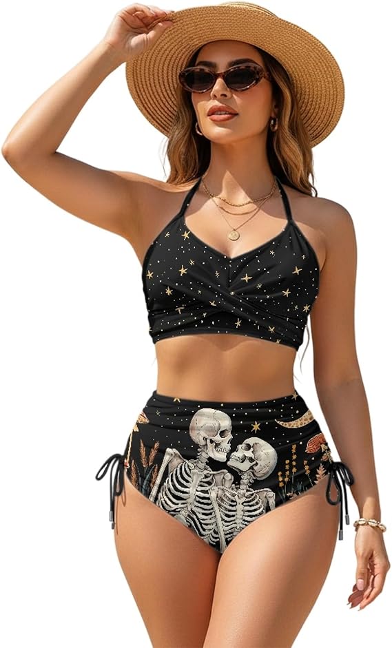 Two Piece Womens Swimsuit Plus Size High Waisted Tummy Control Modest Summer Beach Cute Sexy Push Up Swimsuit - skull swimsuit
