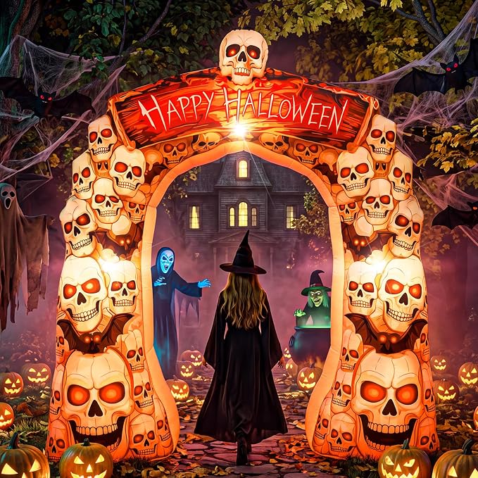 Jenaai 8.1 FT Halloween Inflatable Archway Outdoor, Skull Blow Up Arch LED - skull inflatable