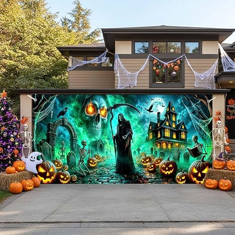 16X7ft Halloween Garage Door Cover Decorations, Horror Grim Reaper Skeleton Skull Pumpkin Lantern Haunted Castle and Creepy Graveyard Background for Scary Halloween Party Wall Window Yard Home Decor