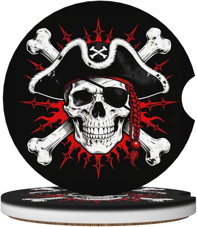 Pirate Skull 2 Pcs Car Cup Holder Coasters Absorbent Ceramic Coaster - skull coaster