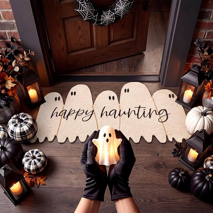 Halloween Coir Ghost Door Mat Happy Haunting Doormat, Non Slip - skull door mat