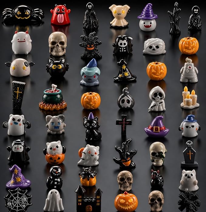 50pcs Halloween Mini Resin Figurines for Crafts Tiny Miniature Figures to Hide Pumpkin Ghost Skull Miniatures Bulk for Halloween Party Favors Table Idoor Bag Fillers Garden Dollhouse Decor - skull figurine