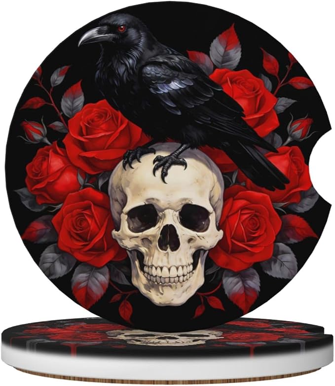 Gothic Crow Skull Car Cup Holder Coasters Absorbent Ceramic Coaster - skull coaster