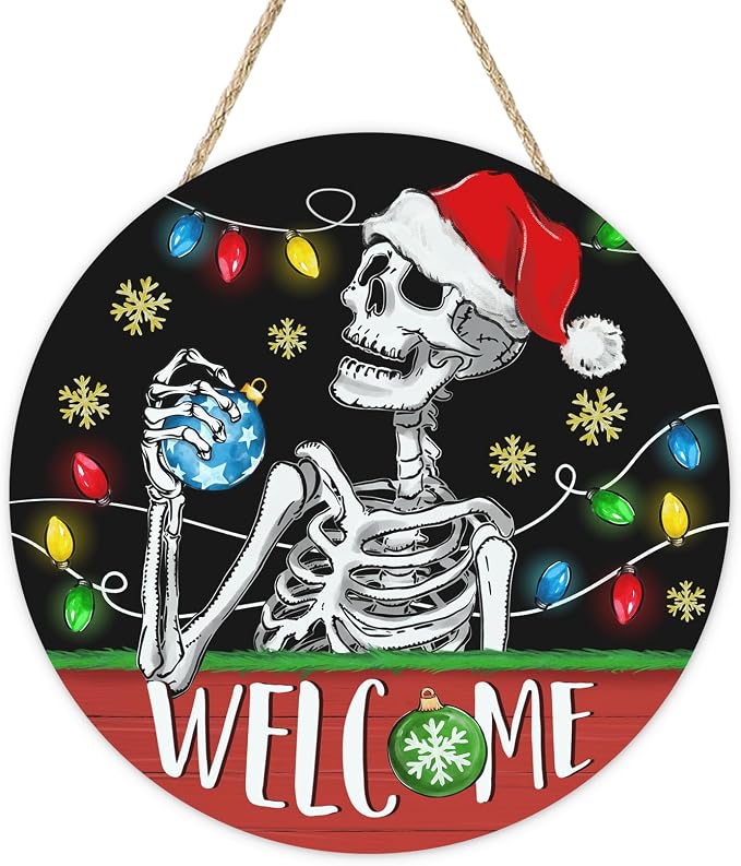 Christmas Skeleton Welcome Door Sign, 12 Inch Round Santa Hat Skeleton - skeleton