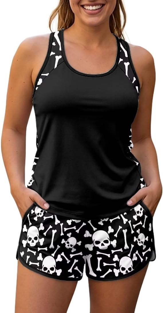 Slimming Swimsuits for Women, Tankini Top Elasticized Waist Drawstring Bottom Bathing Suit - skull swimsuit