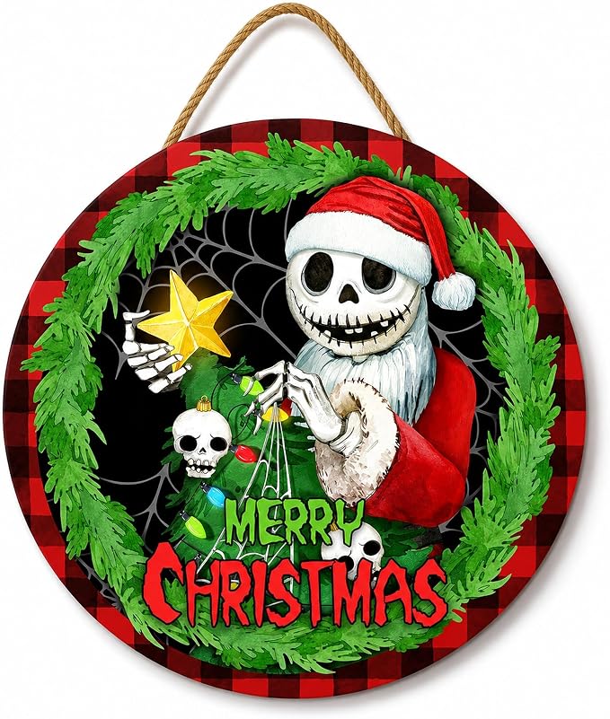 Skeleton Santa Merry Christmas Door Sign, 12 Inch - skull wreath