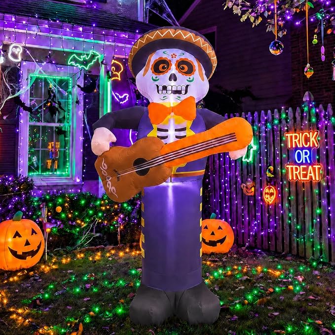 Gardwin 8 FT Dia de Los Muertos Decorations Halloween Inflatables Day of The Dead Mariachi Skeleton, Yard Decoration, Halloween Blow up Holiday Decor with LED Lights for Home Yard Garden Lawn - skull inflatable