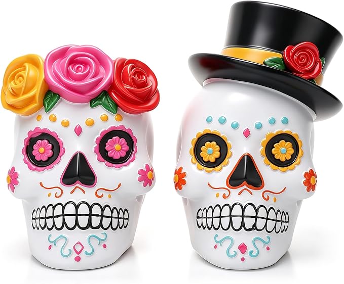 2 Pcs Day of the Dead Skull Couple Figurines, Sugar Skull Decor - sugar skull ornament