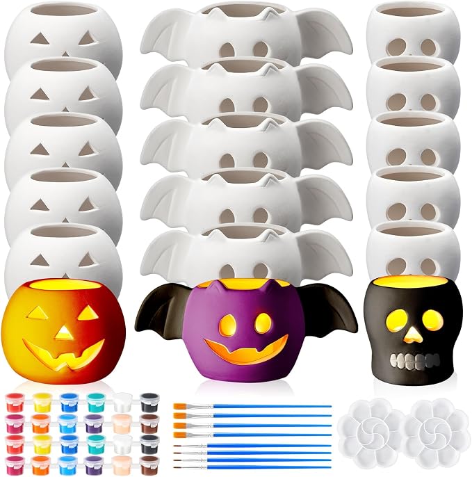 TecUnite 18 Pcs Halloween Ceramics to Paint, Pumpkin Bat Skull Art Kits - skull painting