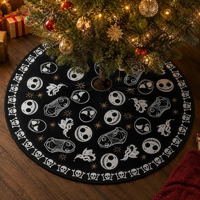 Gothic Christmas Tree Skirt 48 Inch Round Skull Face Black Tree Skirt - skeleton