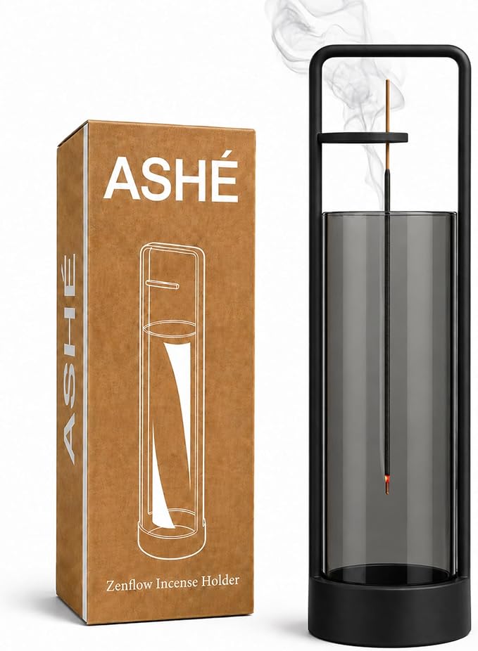 Incense Holder with Ash Catcher – Upside Down Incense Burner, Windproof Glass No Mess Heavy Metal Base, Anti-Ash Incense Holder for Sticks, Minimalist Desk Decor for Home Meditation Yoga (Black) - skull incense burner