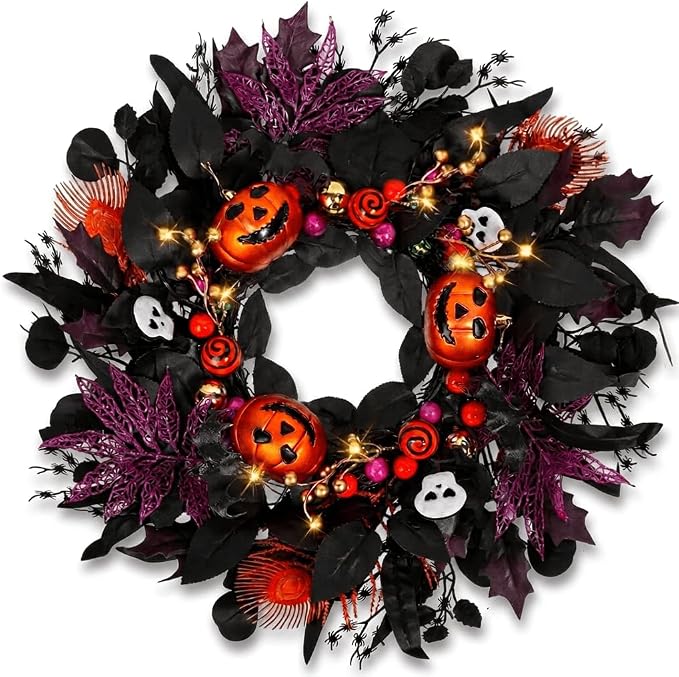 Halloween Wreath for Front Door, 24" Black Gothic Spooky Outdoor Décor - skull wreath