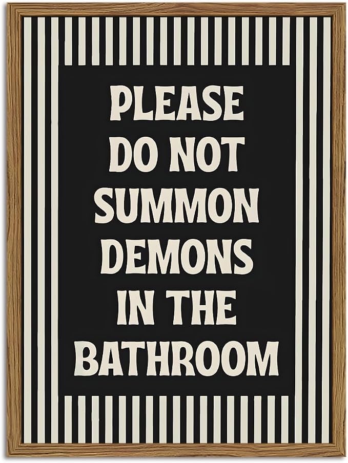 Please Do Not Summon Demons In The Bathroom Wall Art Spooky Gothic Halloween Wall Decor Funny Bathroom Black Quote Stripe Canvas Print 12x16 Inch Wood Framed - skull wall art