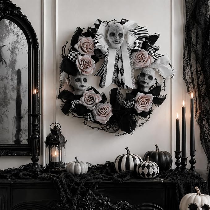 Leinuosen 17 Inch Halloween Wreath for Front Door Spooky Doll Head Wreath - skull wreath