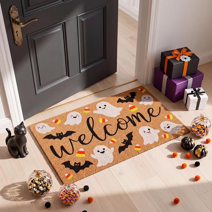 Halloween Welcome Doormat, 16.5x30in Faux Coir Welcome Door Mat