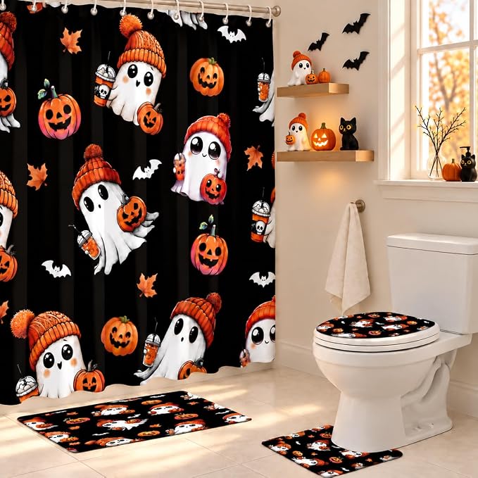 MEHOFOND 4-Piece Halloween Shower Curtain Set, Black Bathroom Mat Sets - skull toilet mat